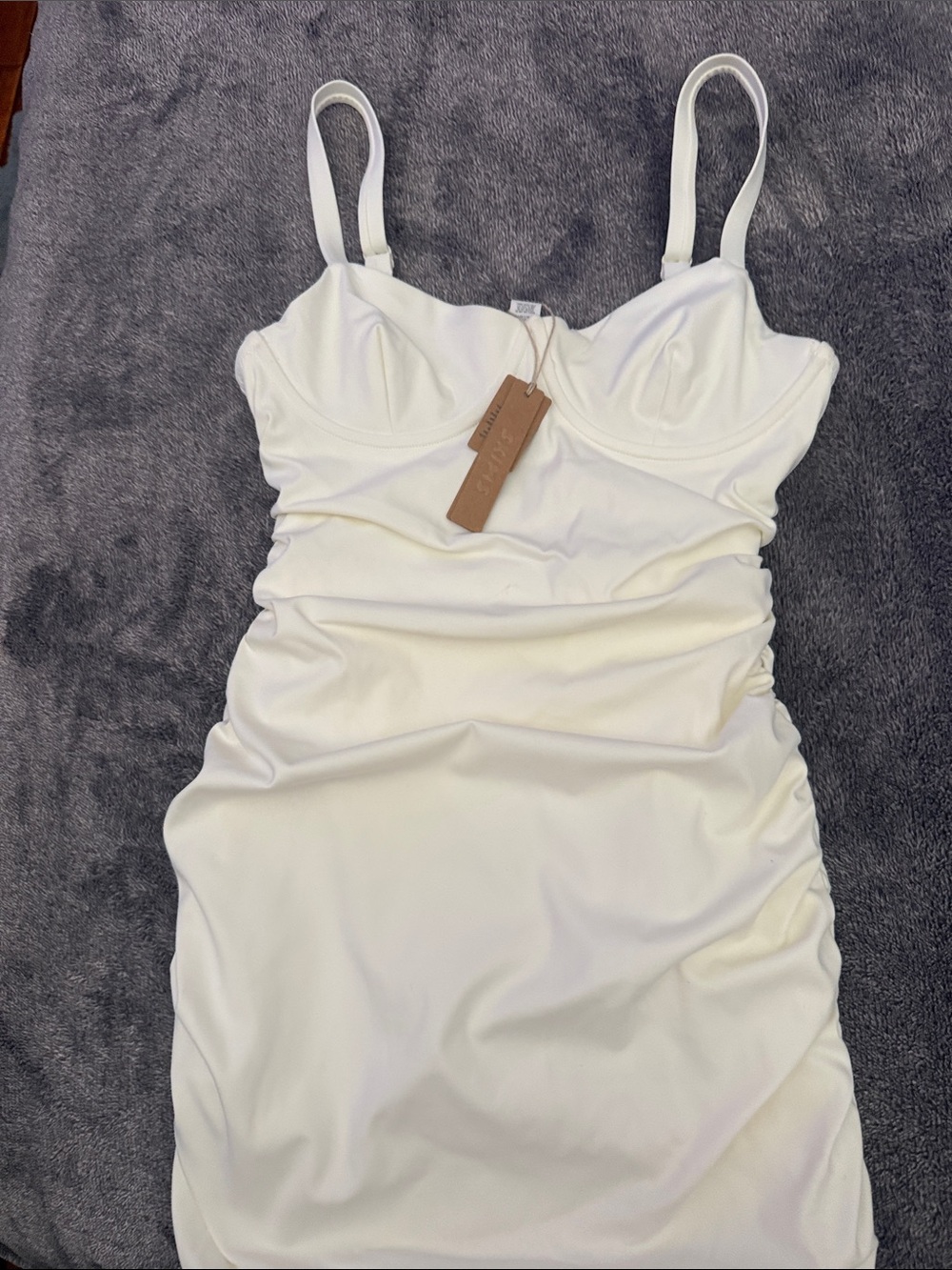 SKIMS Cream Ruched Mini Dress bathing suit Spaghetti Straps